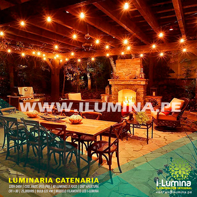 SET COMPLETO - GUIRNALDA LED COLGANTE DE 10MTS + 20 FOCOS LED A60 TRANSPARENTE 4W