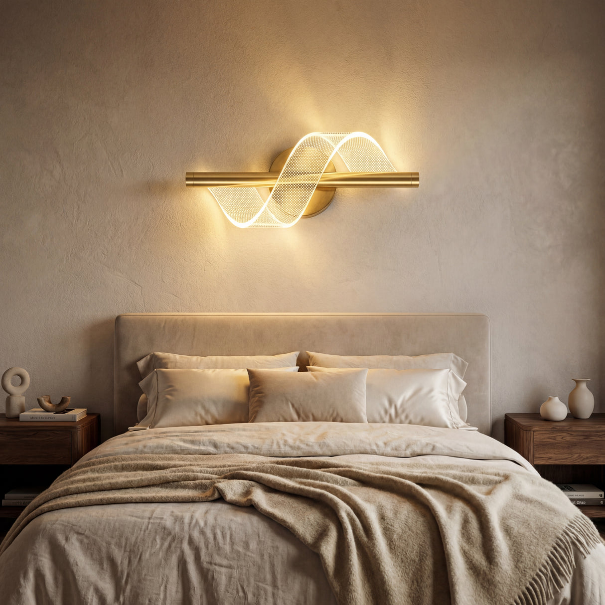 Lampara Helix Gold instalada de forma horizontal como luz ambiental en un dormitorio principal de lujo.