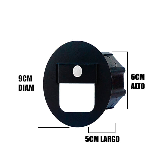 SPOT LUZ GUÍA DE PASO FABIANA LED ASIMÉTRICO 3W CIRCULAR NEGRO CON SENSOR DE MOVIMIENTO LUZ CÁLIDA