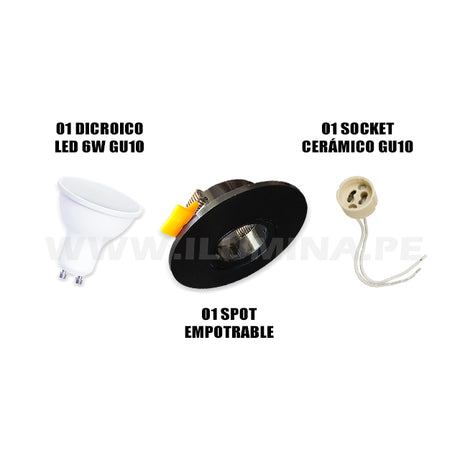 ICORP-2030BK SET COMPLETO - SPOT EMPOTRABLE CON DICROICO LED 6W LUZ CÁLIDA 2700K