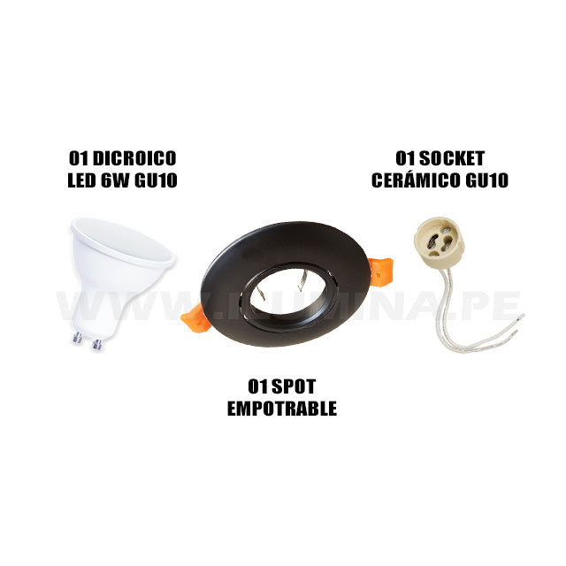 ICORP-2040BK SET COMPLETO - SPOT EMPOTRABLE CON DICROICO LED 6W LUZ CÁLIDA 2700K