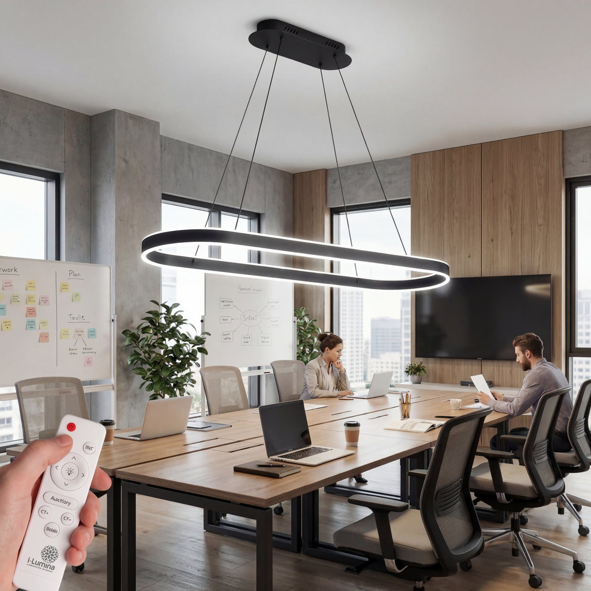 Lámpara LED ovalada de gran formato para mesas de directorio y oficinas en Lima.