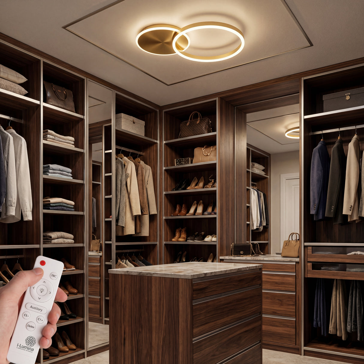 Lámpara de techo para walk-in closet con luz LED regulable y diseño contemporáneo.