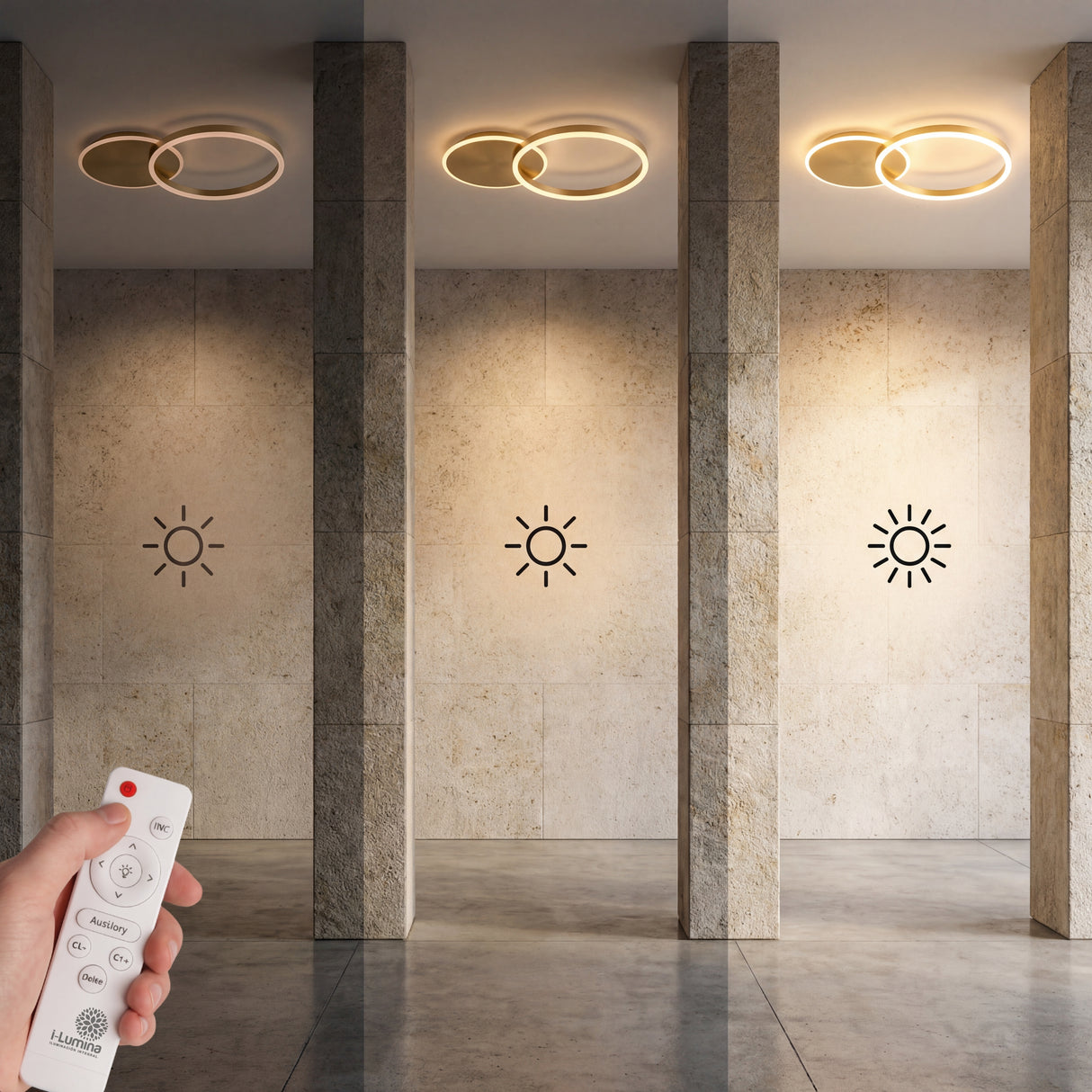Diseño de iluminación de interiores con múltiples apliques LED de aro dorado en columnas.