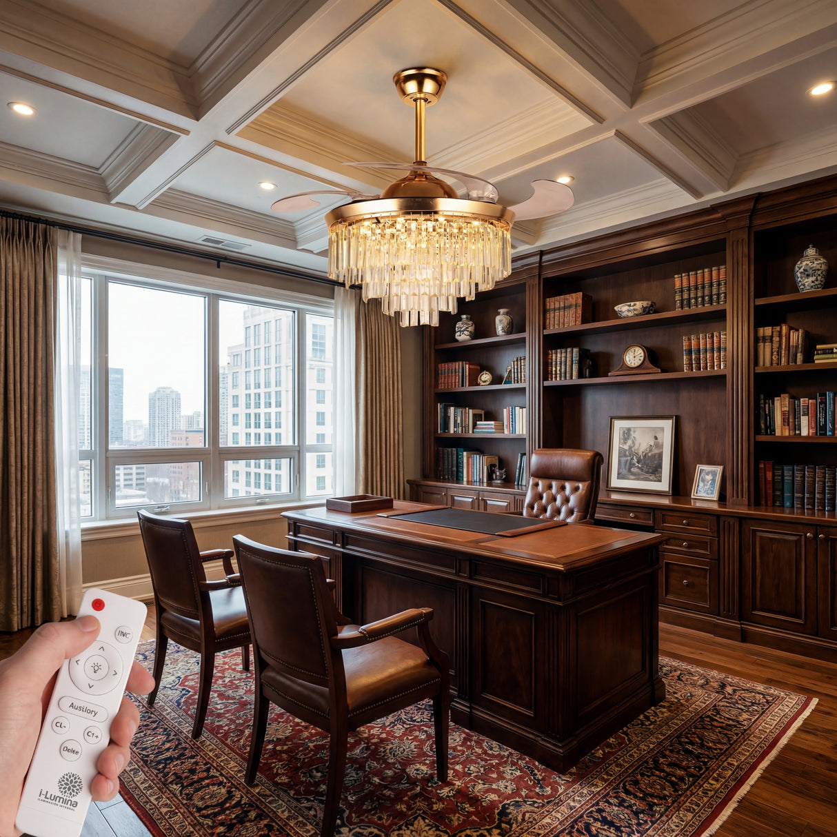 lampara ventilador de techo oficina elegante acabados dorados peru