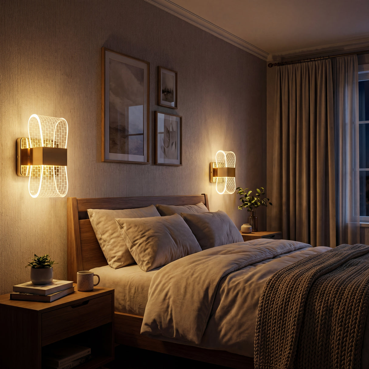 Lámpara de pared Cubic Gold utilizada como luz de noche en un dormitorio con tonos tierra y velador de madera.