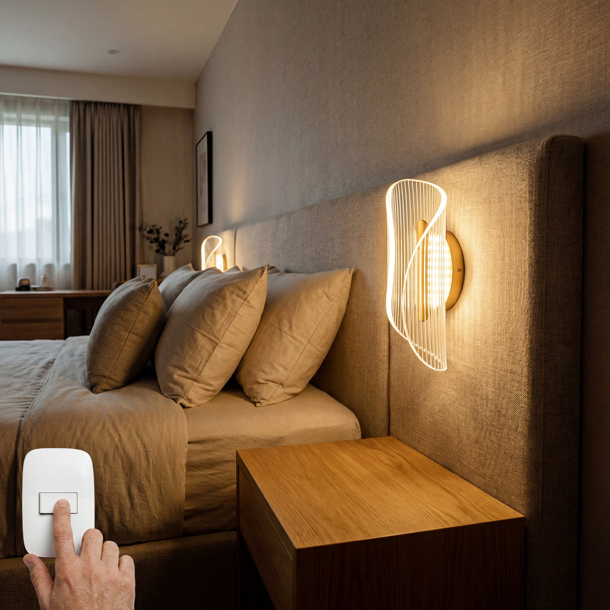 Dormitorio moderno con lampara Vortex Gold instalada sobre la mesa de noche como luz de lectura.