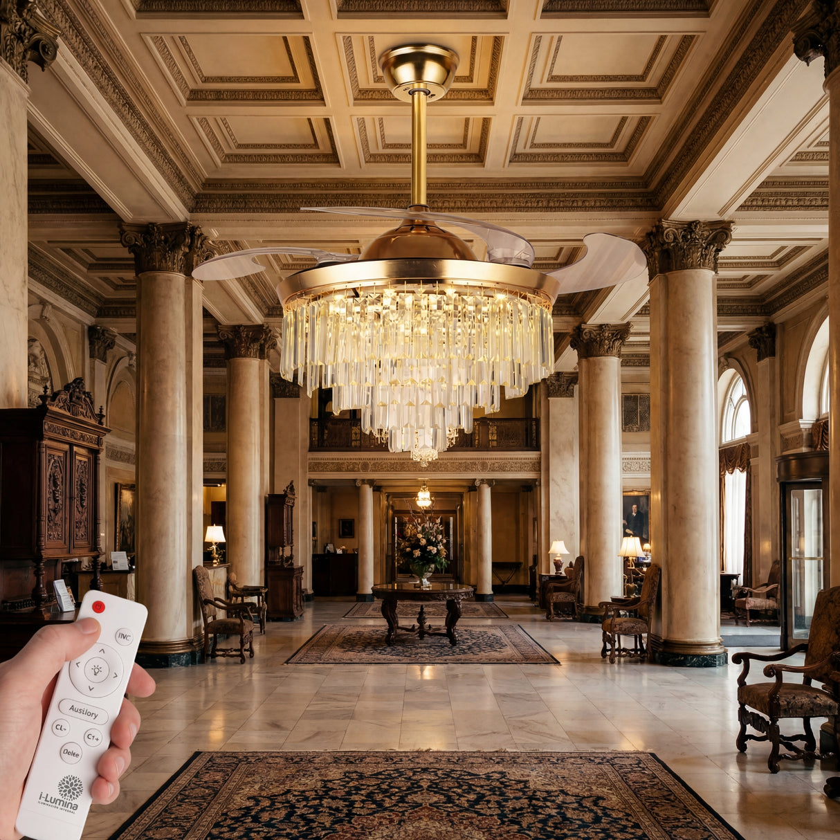 lampara ventilador de gran formato para lobby y techos altos