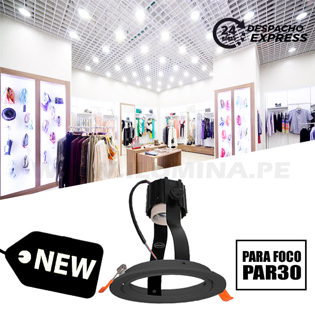 SPOT NEGRO EMPOTRABLE PARA FOCO PAR 30 CON SOCKET E27 + SISTEMA AJUSTABLE