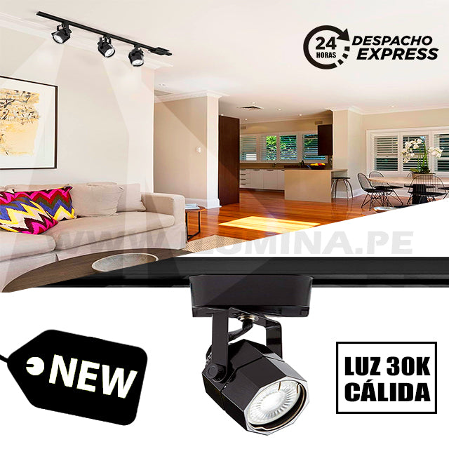 SPOT DE RIEL CARLA BLACK LED + DICROICO LED 6W LUZ CÁLIDA 3000K