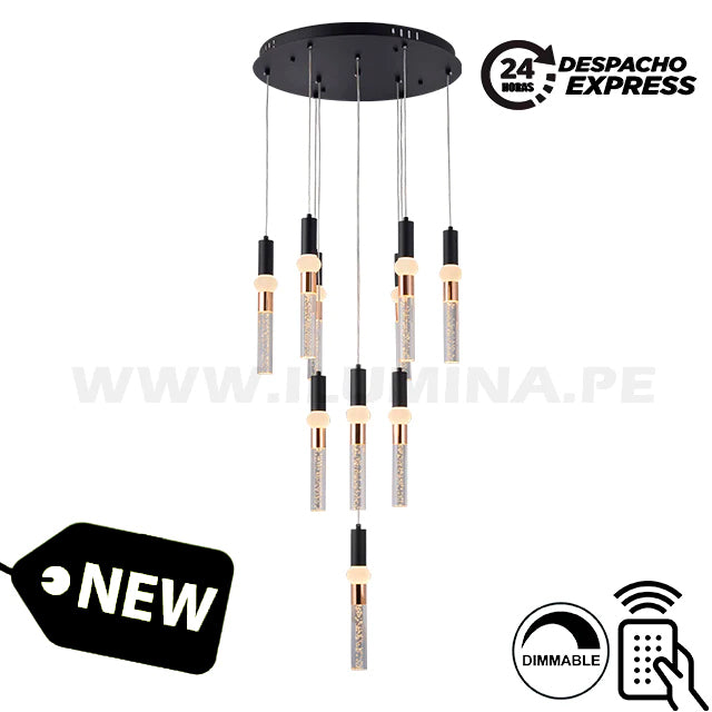 LÁMPARA COLGANTE PREMIUM FERNANDA BLACK AND GOLD LED + CONTROL REMOTO