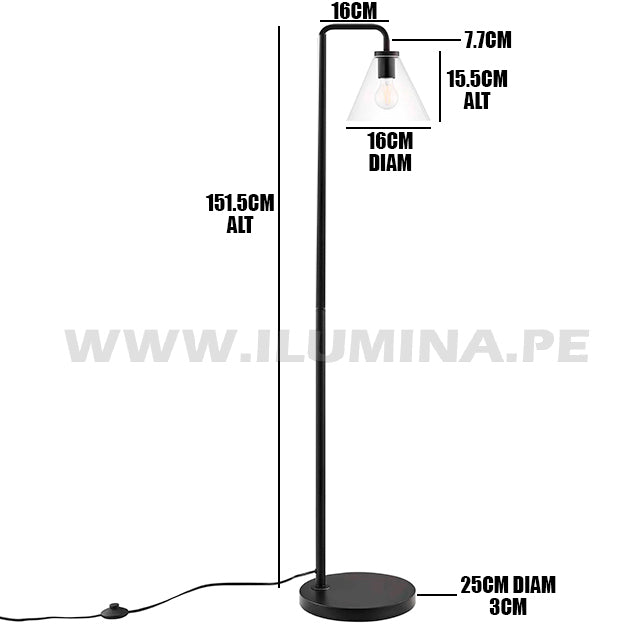 LÁMPARA DE PIE SALOMÉ GLASS BLACK LED + FOCO LED 4W LUZ CÁLIDA