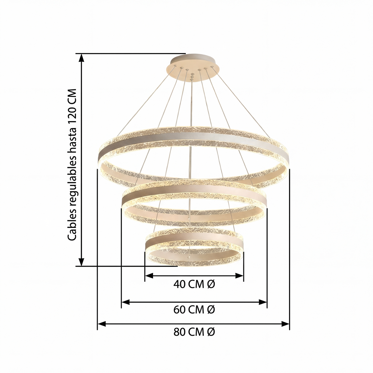 Diagrama de dimensiones y medidas técnicas de lámpara colgante de 3 anillos: 40cm, 60cm y 80cm