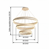 Diagrama de dimensiones y medidas técnicas de lámpara colgante de 3 anillos: 40cm, 60cm y 80cm
