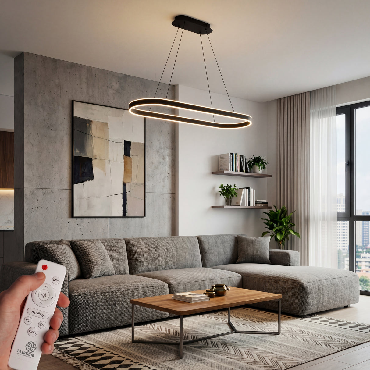 Vista de sala contemporánea decorada con iluminación LED lineal de i-Lumina.