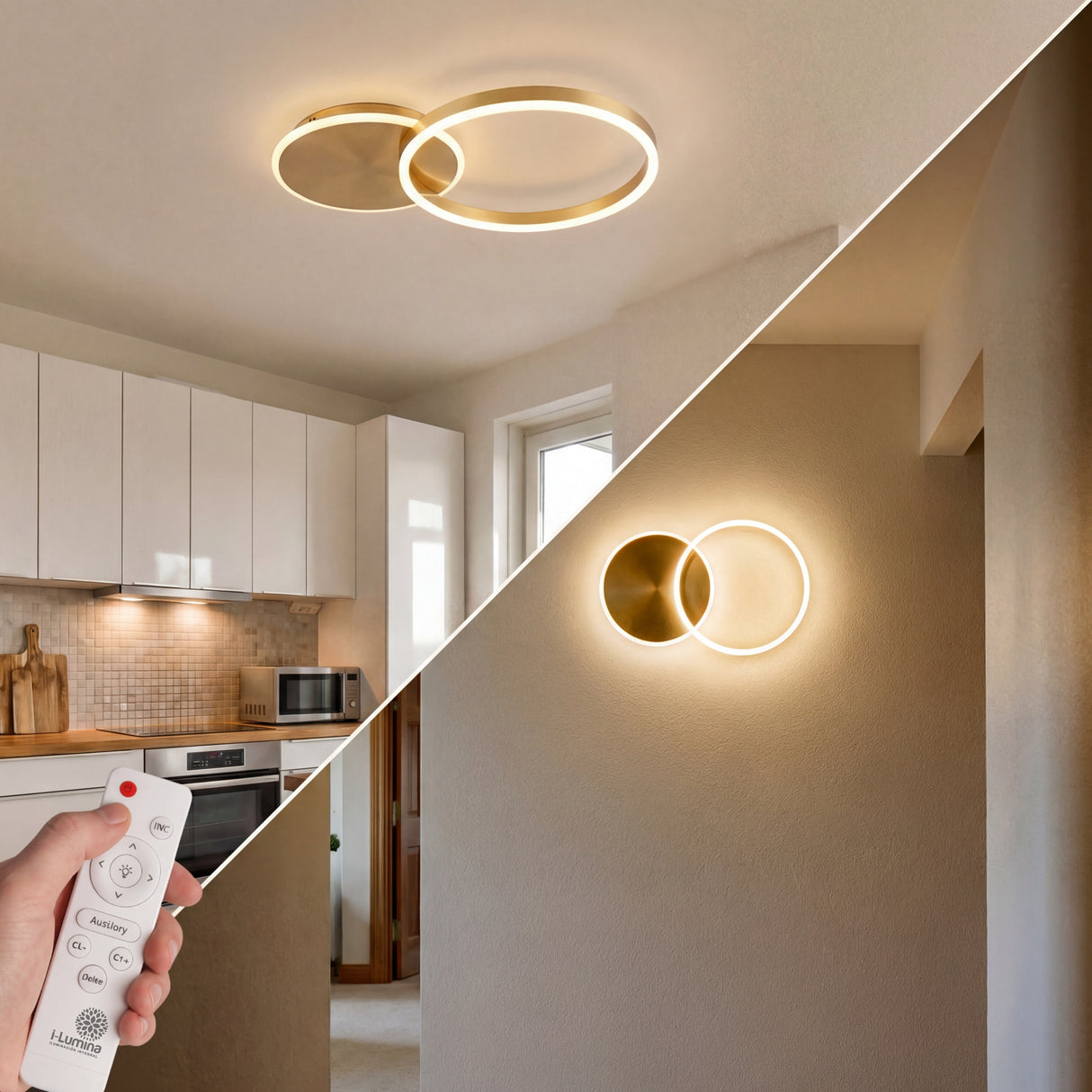 Lámpara LED de doble aro dorado para techo de cocina y pared de pasillo moderno.