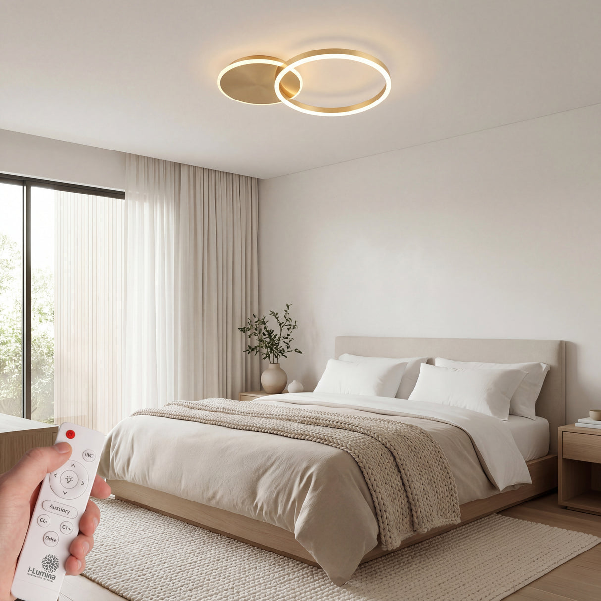 Lámpara de techo para dormitorio principal con control de intensidad y tono de luz.