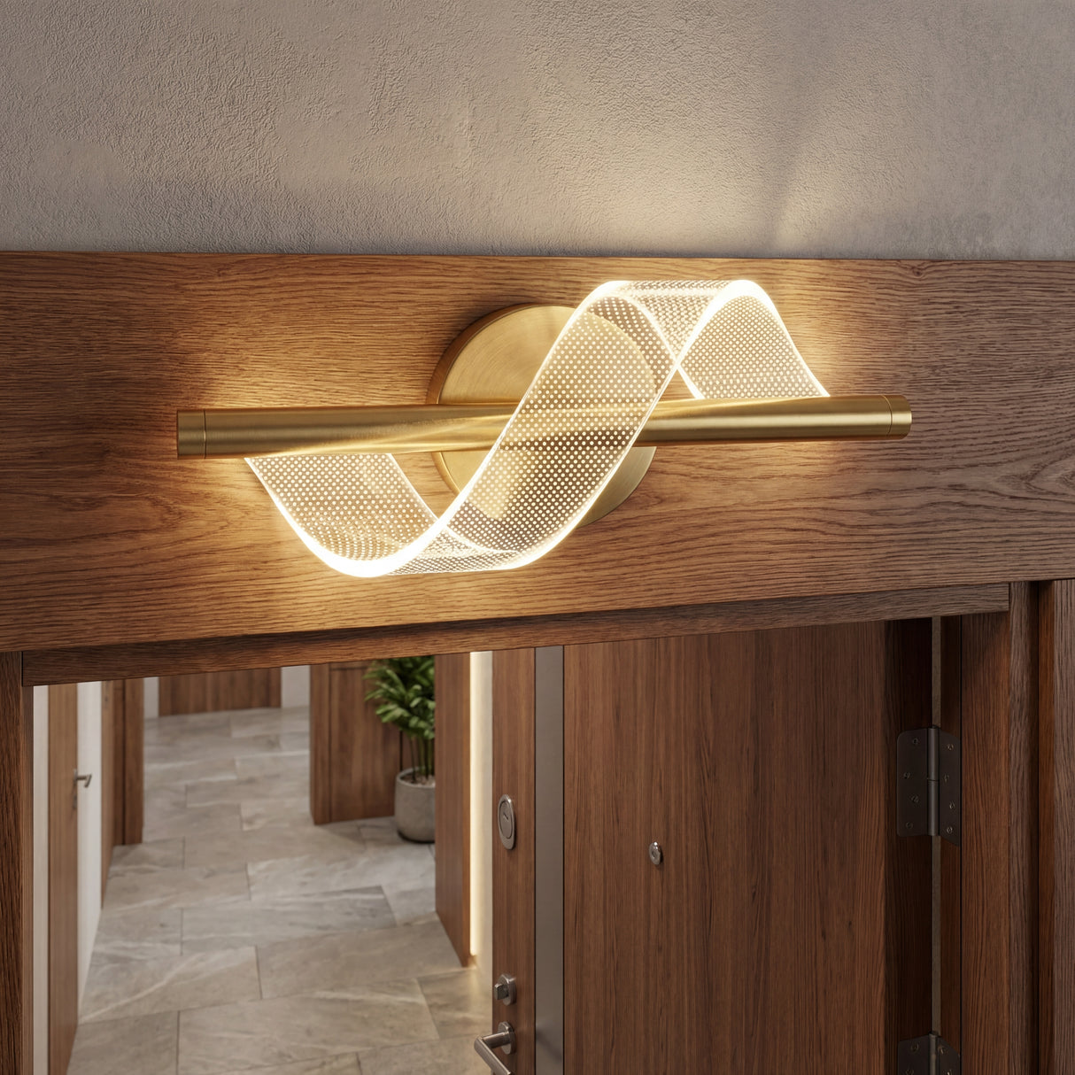 Aplicacion horizontal de la luminaria Helix Gold funcionando como luz de acento sobre un dintel de madera.