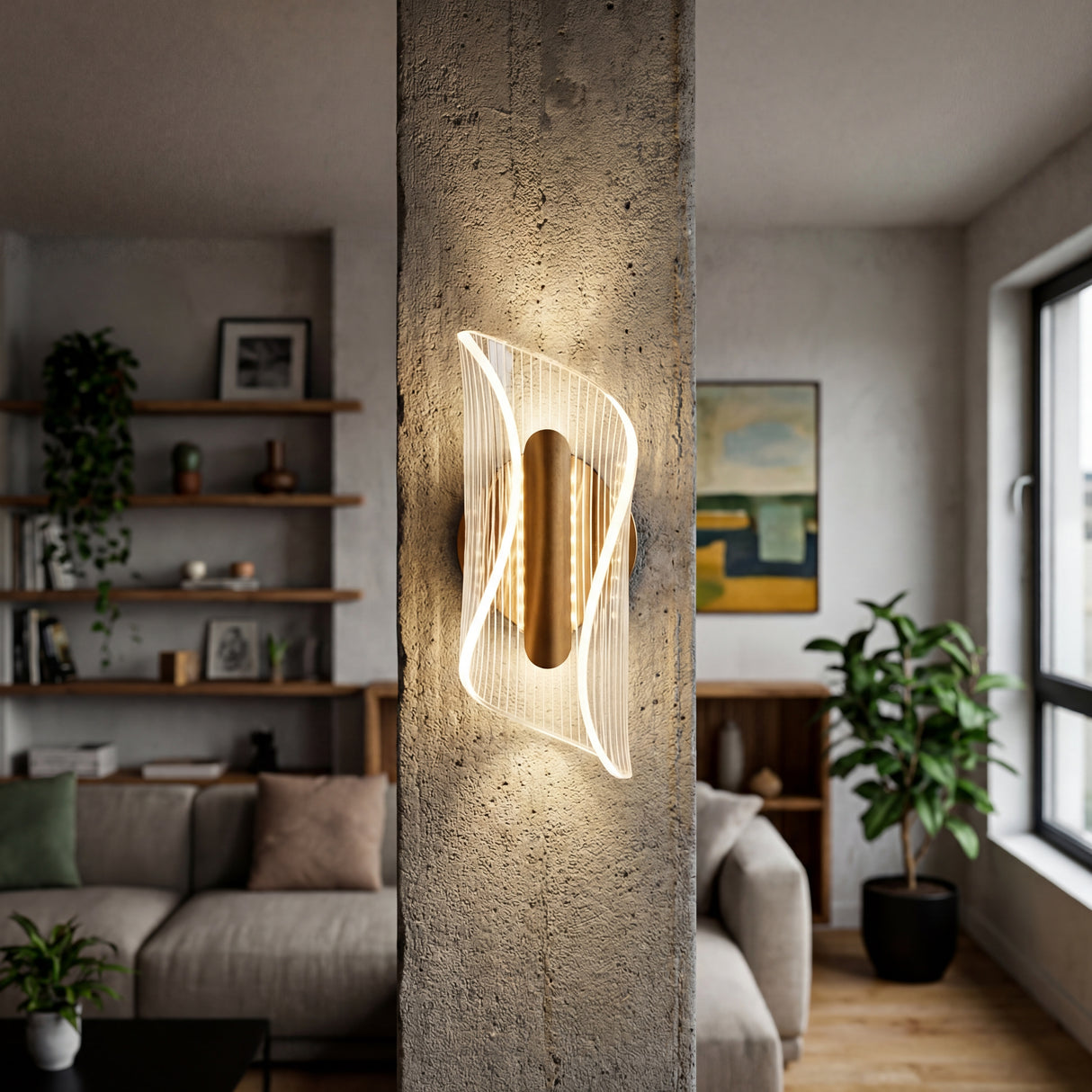 Aplique de pared decorativo Vortex Gold instalado en una columna de estilo industrial en una sala.