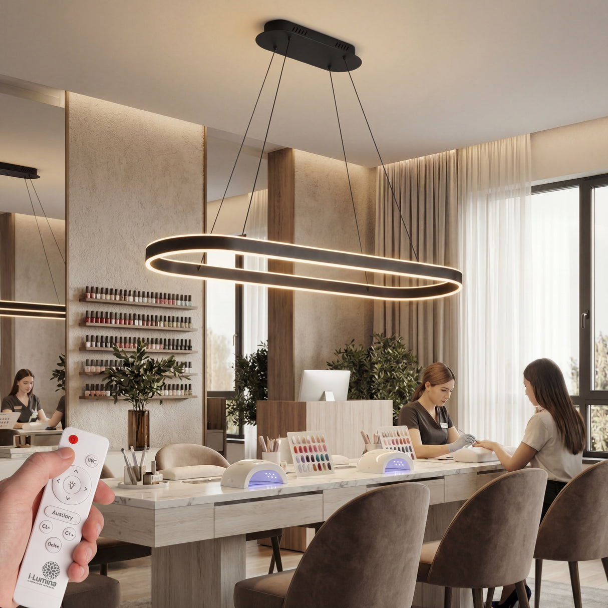 Aplicación comercial de lámpara ovalada negra en showroom o tienda de lujo.