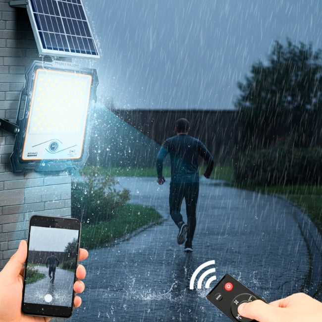 REFLECTOR LED 100W + CÁMARA INTEGRADA + PANEL SOLAR LUZ BLANCA 7500K + CONTROL REMOTO