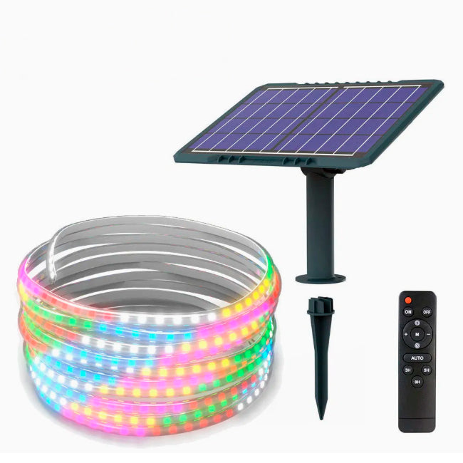 ROLLO DE CINTA LED 10 MTS CON PANEL SOLAR RGB MUTILCOLOR IP65 + CONTROL REMOTO