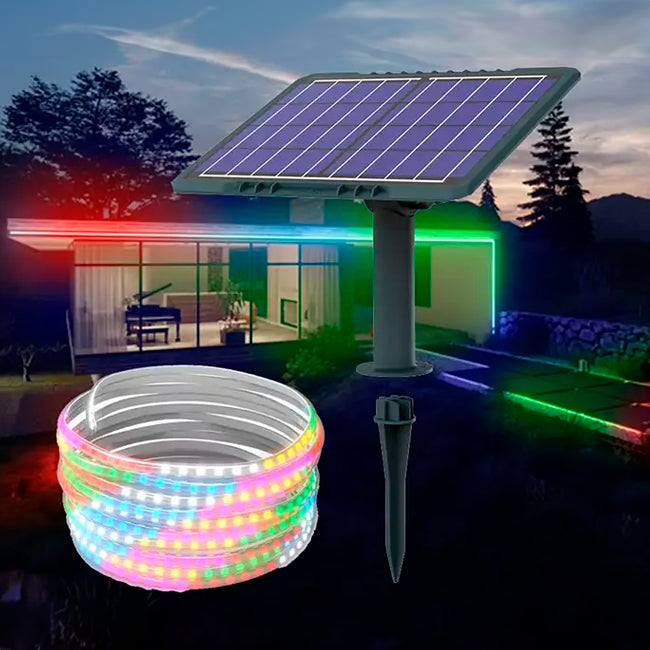 ROLLO DE CINTA LED 10 MTS CON PANEL SOLAR RGB MUTILCOLOR IP65 + CONTROL REMOTO