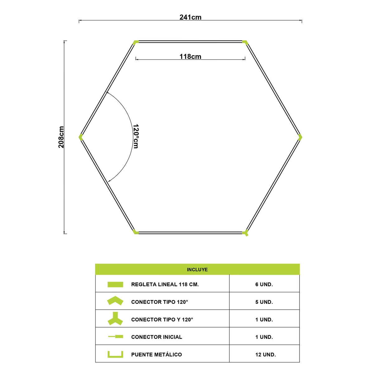 LÁMPARA HEXAGONAL LED ADOSABLE A TECHO/PARED TIPO PANAL - KIT COMPLETO 01 HEXAGONAL LUZ BLANCA 120CM