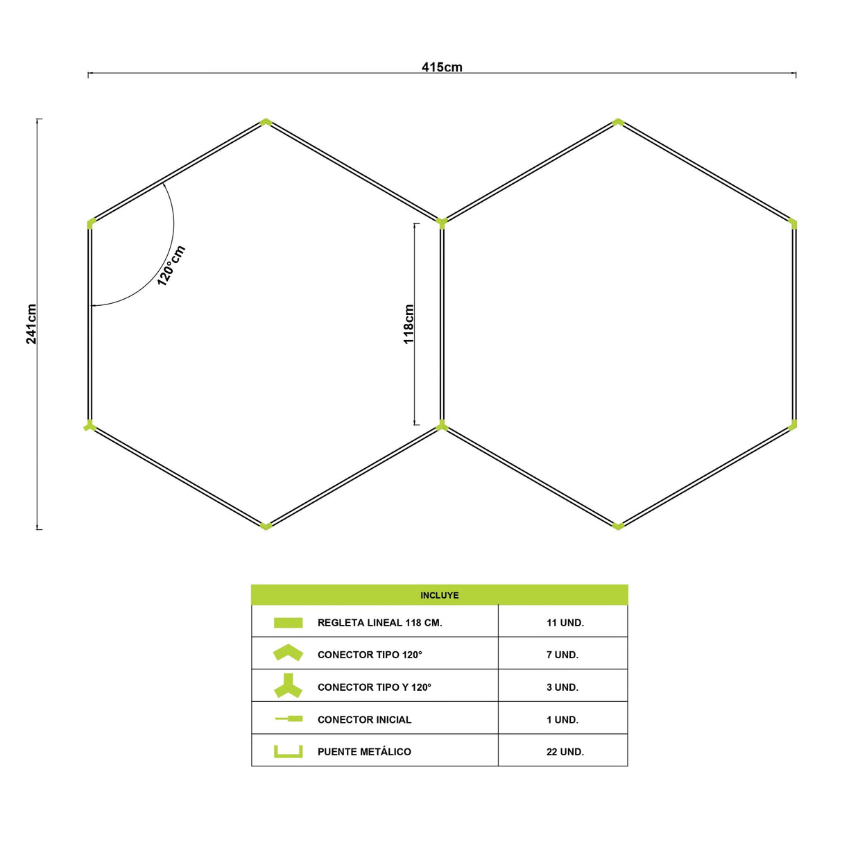 LÁMPARA HEXAGONAL LED ADOSABLE A TECHO/PARED TIPO PANAL "I" - KIT COMPLETO 02 HEXAGONALES LUZ BLANCA 120CM