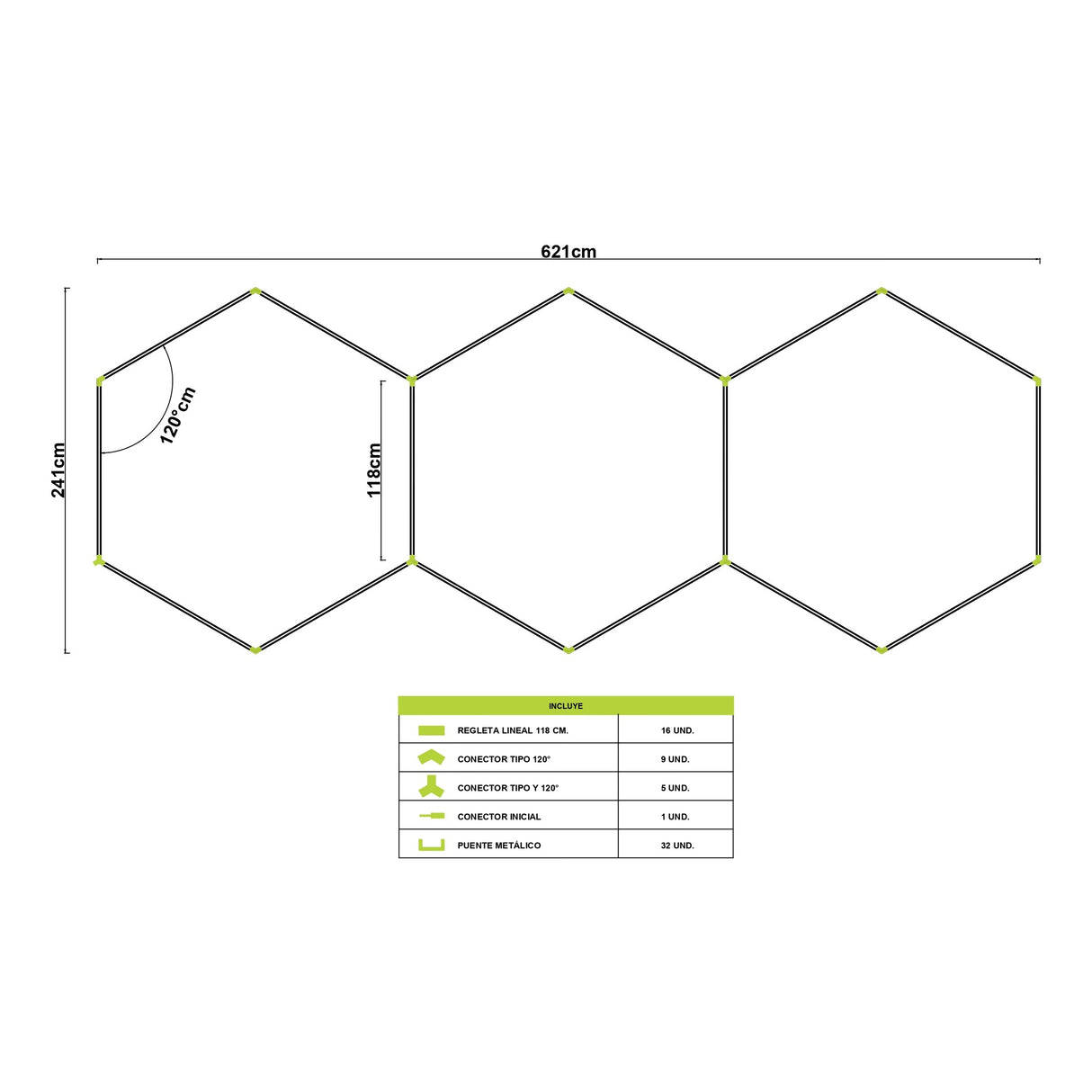 LÁMPARA HEXAGONAL LED ADOSABLE A TECHO/PARED TIPO PANAL "I" - KIT COMPLETO 03 HEXAGONALES LUZ BLANCA 120CM