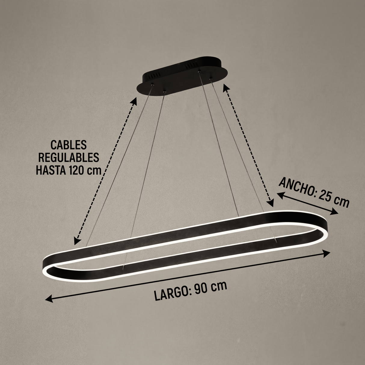 Infografía con medidas de lámpara LED: largo 90cm, ancho 25cm y cables regulables.