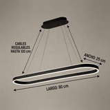 Infografía con medidas de lámpara LED: largo 90cm, ancho 25cm y cables regulables.