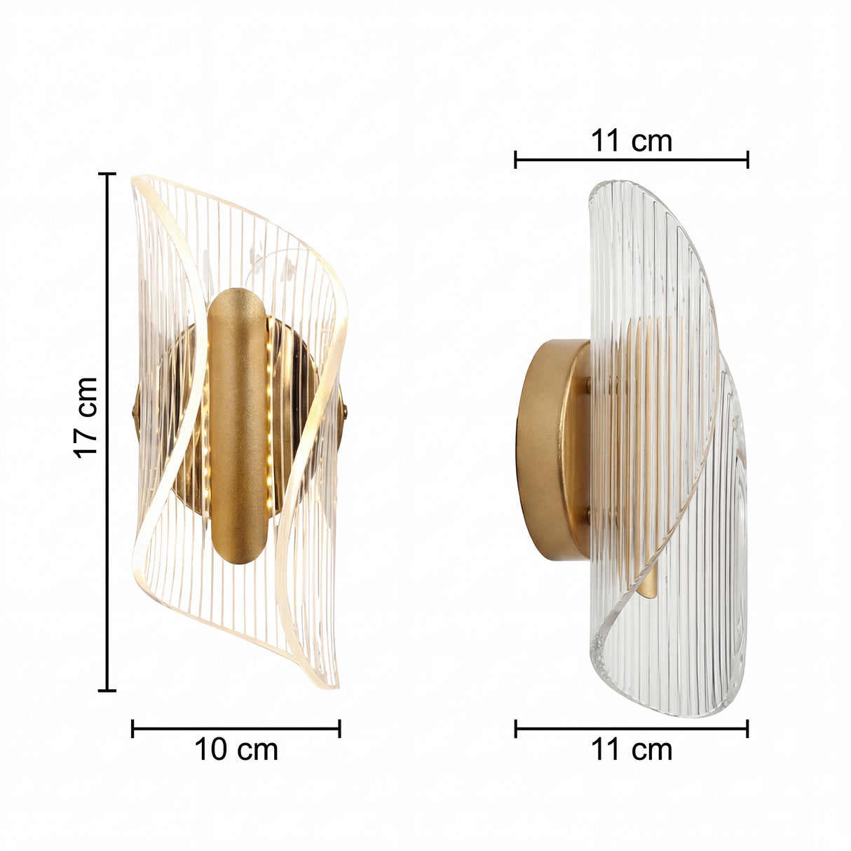 Infografia con dimensiones de la lampara: 17 cm de alto, 10 cm de ancho y 11 cm de profundidad.