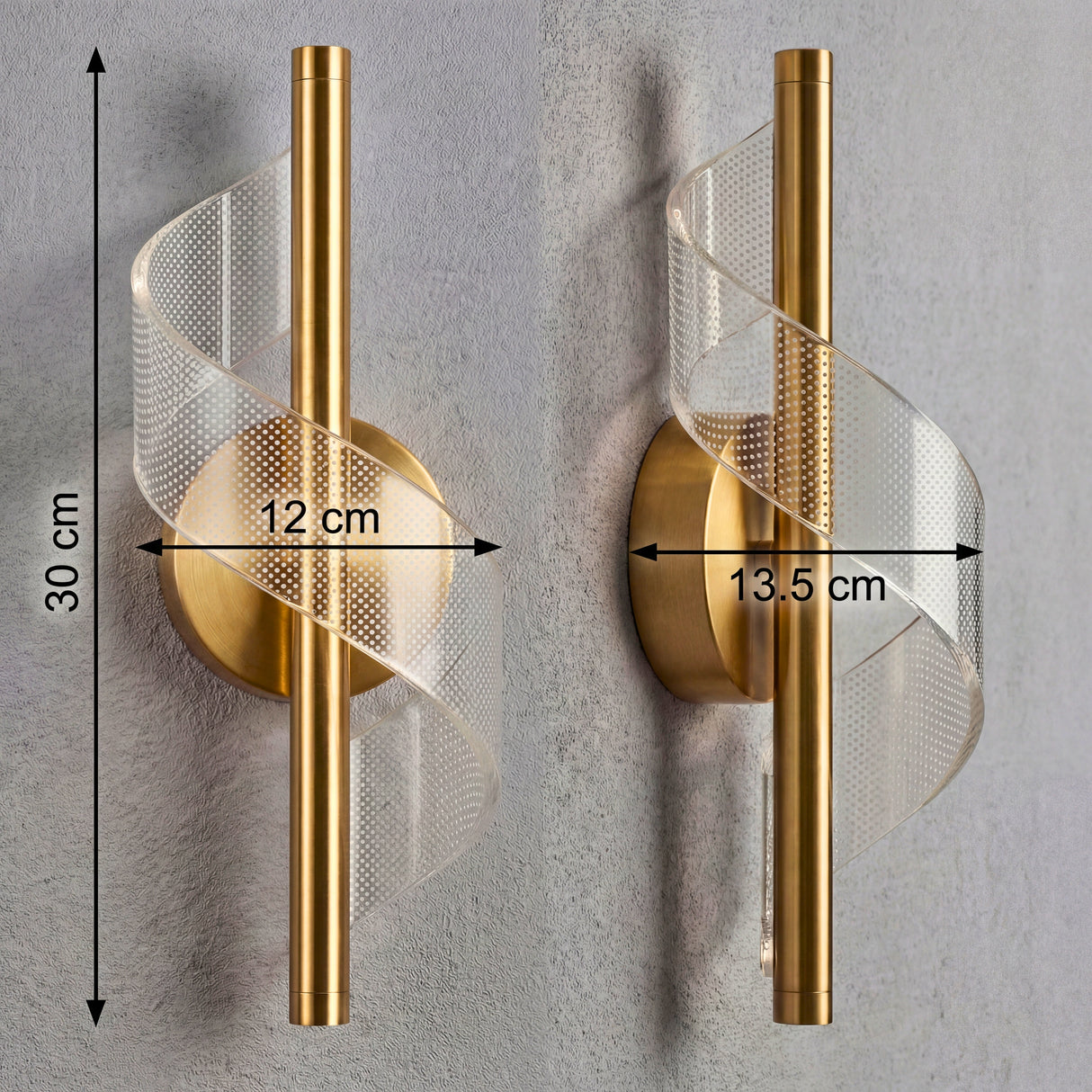 Infografia con las dimensiones de la lampara Helix Gold: 31 cm de largo y diseño de hélice LED.