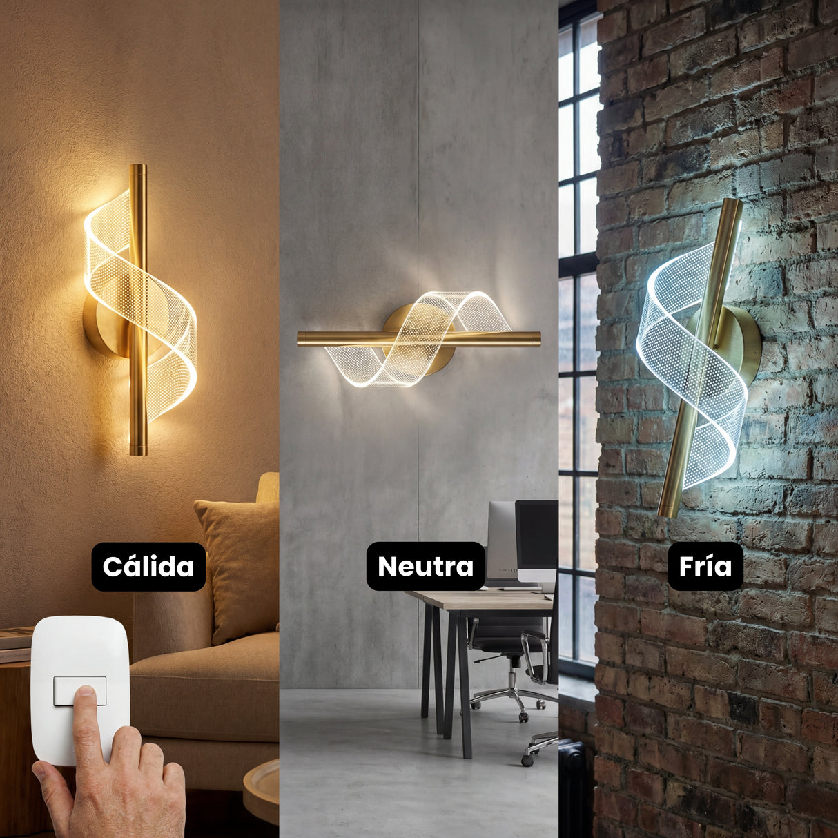 Demostracion de las tres tonalidades de luz (calida, neutra y fria) de la lampara Helix Gold mediante control de interruptor.
