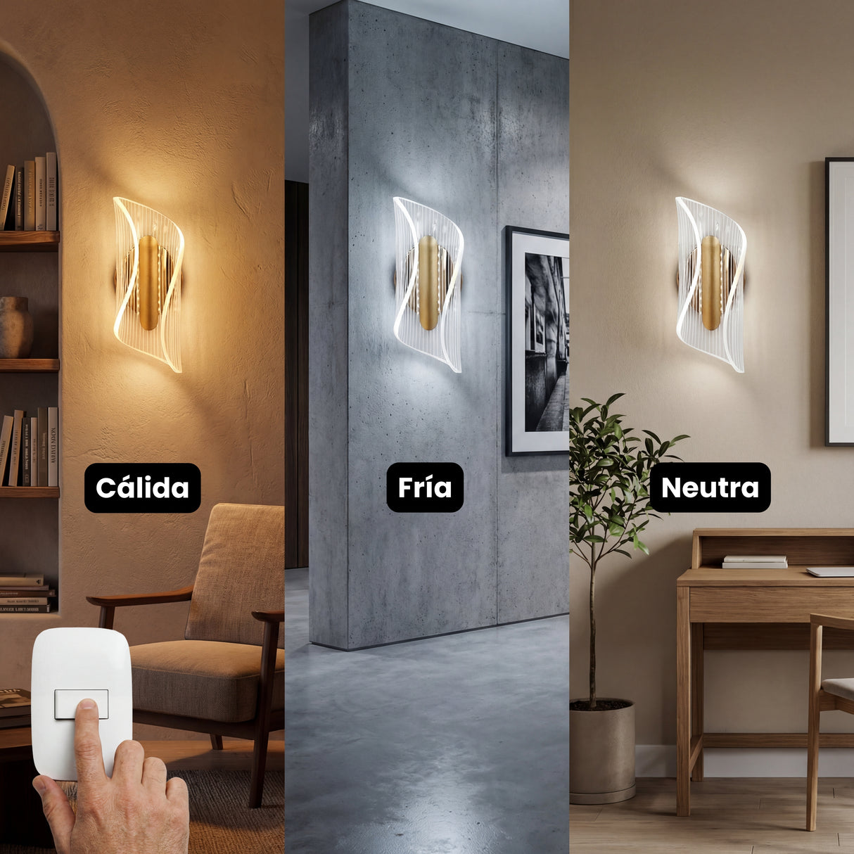 Comparativa de las tres temperaturas de color (calida, neutra y fria) de la lampara Vortex Gold mediante interruptor.