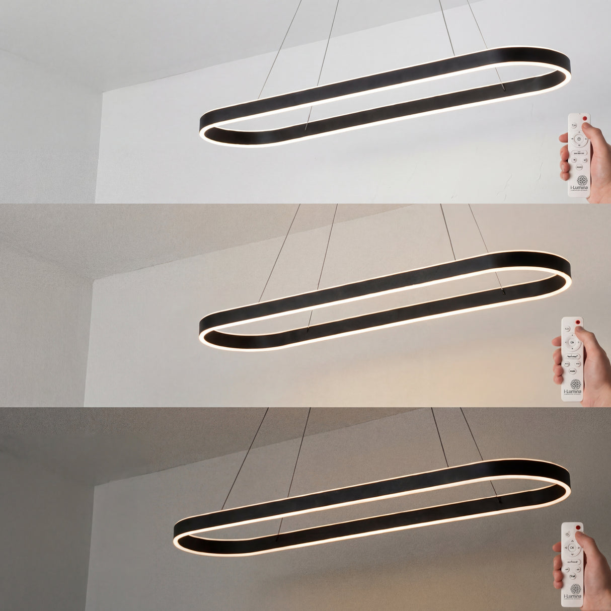 Demostración de control de brillo (dimmer) en luminaria LED moderna para interiores.