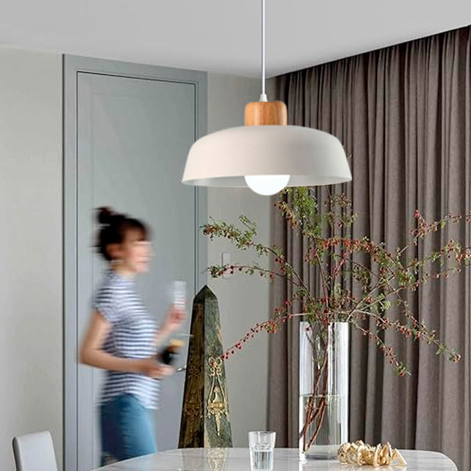 LÁMPARA COLGANTE CAMPANA DE ALUMINIO SOFIA WHITE AND WOOD / SIN FOCO