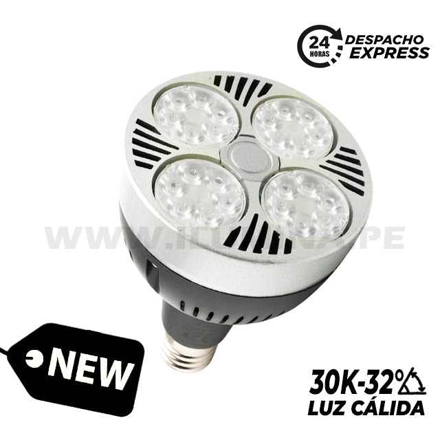 FOCO LED PAR30 35W 32° 3000K LUZ CÁLIDA E27 BASE COLOR NEGRO + PLATEADO ILUMINA