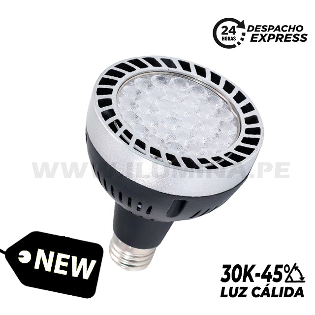 FOCO LED PAR30 45W 45° 3000K LUZ CÁLIDA E27 BASE COLOR NEGRO + PLATEADO ILUMINA