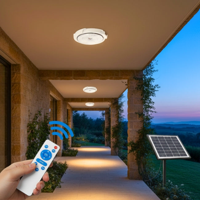 PLAFÓN LED TRICOLOR 36W IP65 + PANEL SOLAR + CONTROL REMOTO