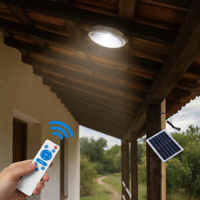 PLAFÓN LED TRICOLOR 36W IP65 + PANEL SOLAR + CONTROL REMOTO