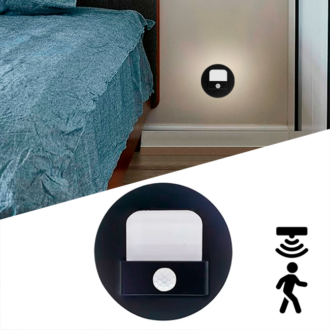 SPOT LUZ GUÍA DE PASO FABIANA LED SIMÉTRICO 3W CIRCULAR NEGRO CON SENSOR DE MOVIMIENTO LUZ CÁLIDA