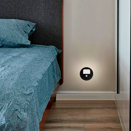 SPOT LUZ GUÍA DE PASO FABIANA LED SIMÉTRICO 3W CIRCULAR NEGRO CON SENSOR DE MOVIMIENTO LUZ CÁLIDA