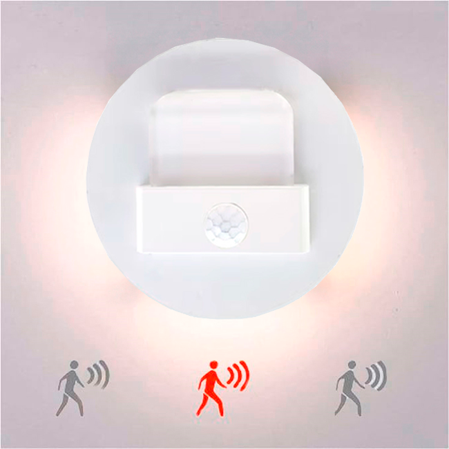 SPOT LUZ GUÍA DE PASO FLAVIA LED SIMÉTRICO 3W CIRCULAR BLANCO CON SENSOR DE MOVIMIENTO LUZ CÁLIDA