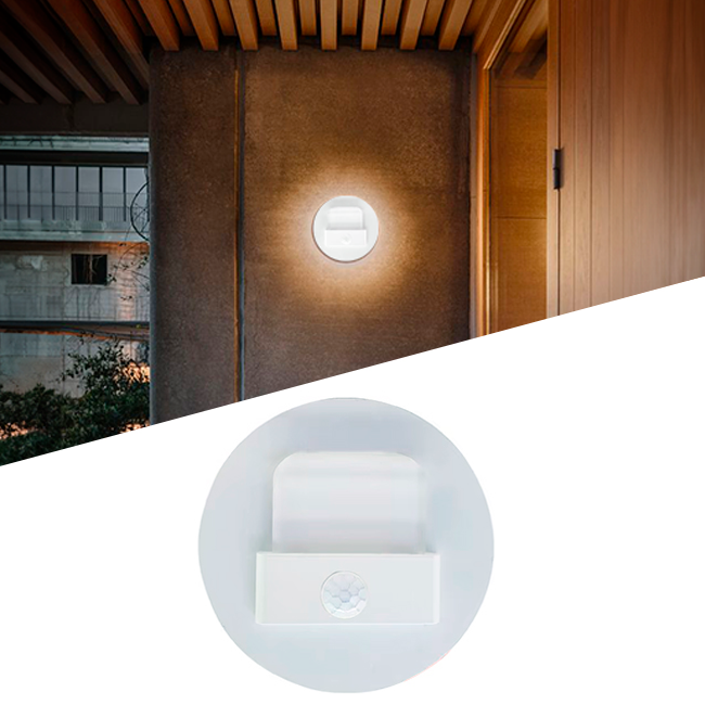 SPOT LUZ GUÍA DE PASO FLAVIA LED SIMÉTRICO 3W CIRCULAR BLANCO CON SENSOR DE MOVIMIENTO LUZ CÁLIDA