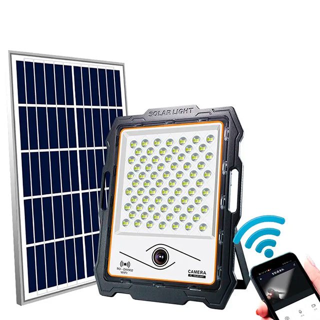 REFLECTOR LED 100W + CÁMARA INTEGRADA + PANEL SOLAR LUZ BLANCA 7500K + CONTROL REMOTO