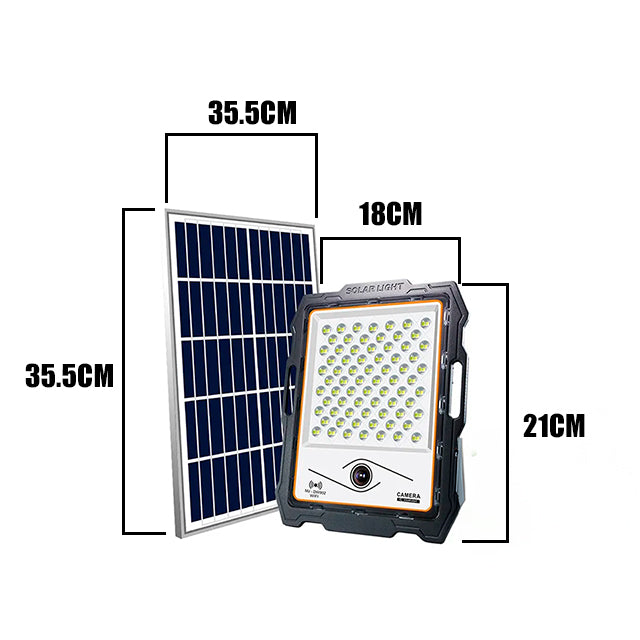 REFLECTOR LED 100W + CÁMARA INTEGRADA + PANEL SOLAR LUZ BLANCA 7500K + CONTROL REMOTO