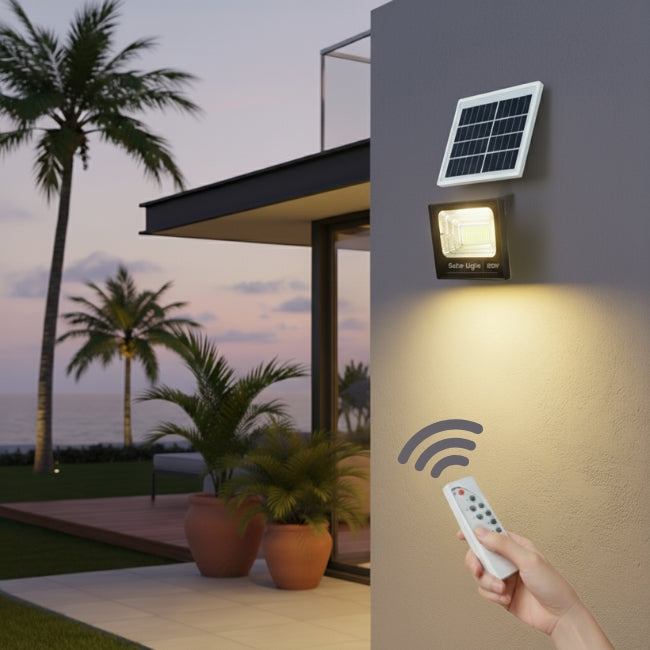 REFLECTOR LED 60W LUZ CÁLIDA + PANEL SOLAR + CONTROL REMOTO