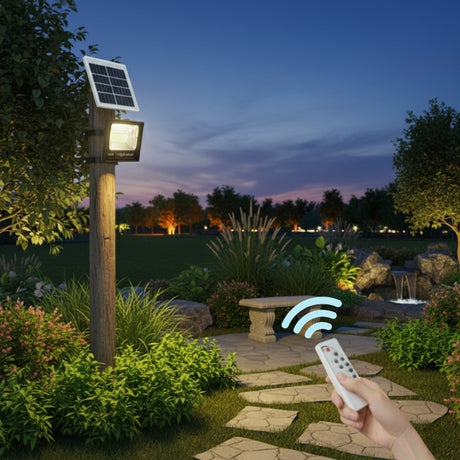 REFLECTOR LED 60W LUZ CÁLIDA + PANEL SOLAR + CONTROL REMOTO